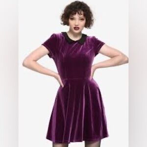 Hot Topic Purple Velvet Short Sleeve Collared Mini Dress XS NWOT